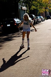 Provocative Blonde Teen On Roller Skaters In White Plain Cute Panties