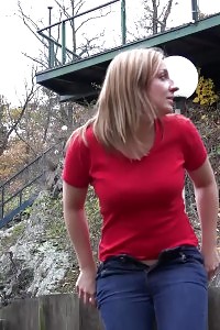 European Babe In Red Tee Pisses On Fallen Leaves